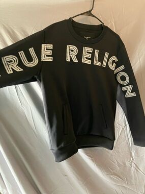 True Religion Black Crewneck Sweatshirt with White Embroidered Logo